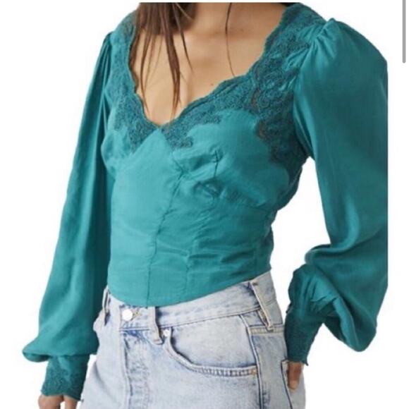 Free People Janelle green balloon sleeve lace trim corset Victorian style top - Picture 1 of 16